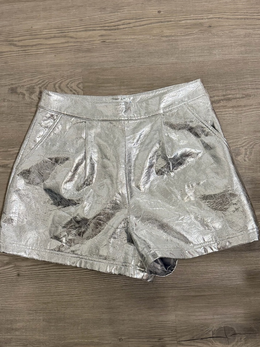 HUNTER BELL Silver Metallic High-Waist Shorts